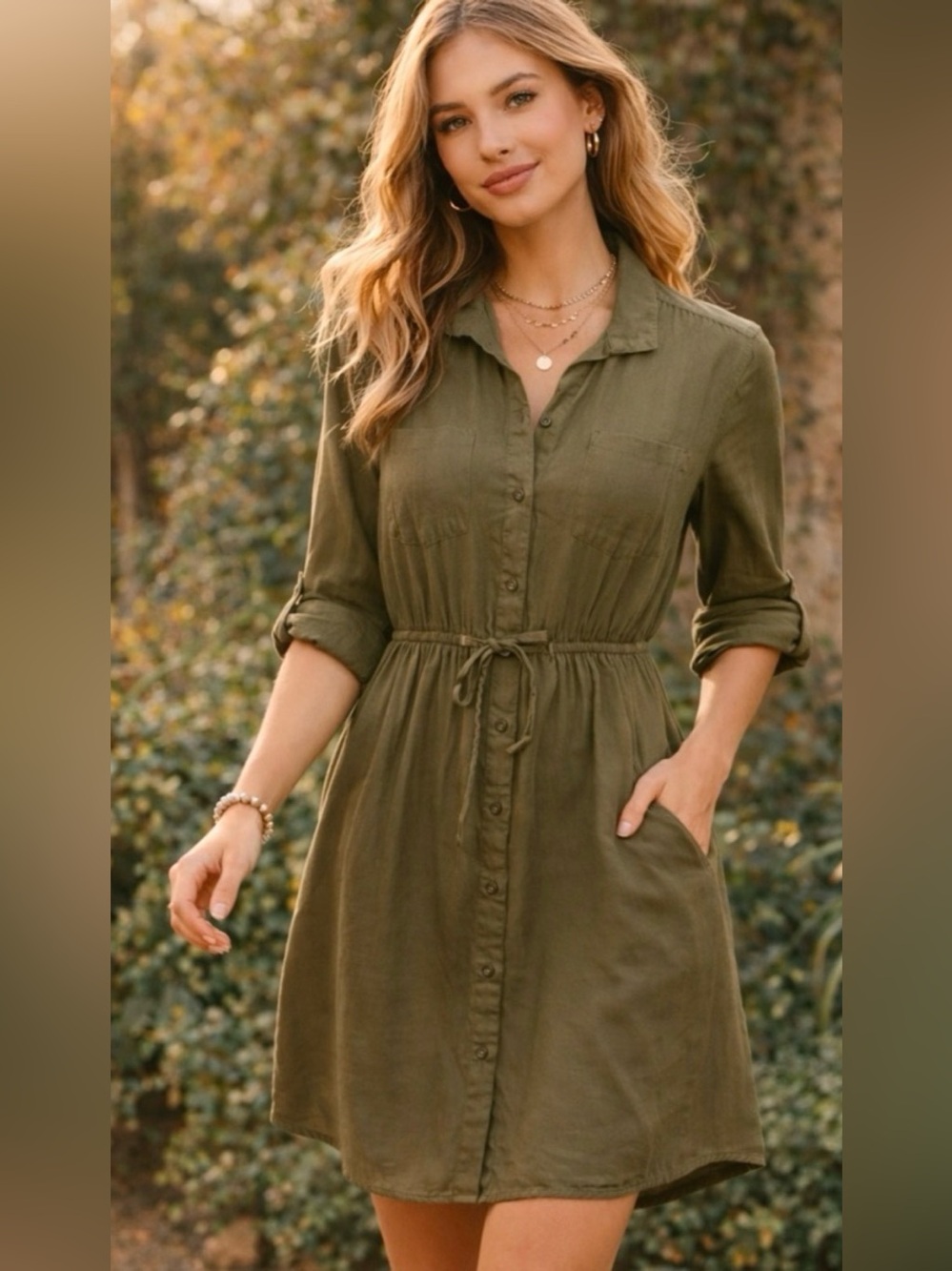JAPNA Button-Front Shirt Dress in Olive Green XS NWT pockets